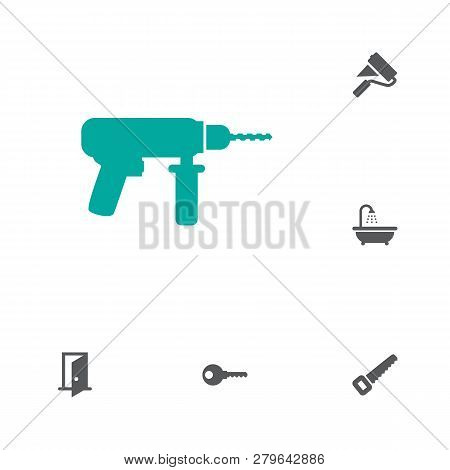 Set Of 6 Work Icons Set. Collection Of Key, Drill, Handsaw Elements.