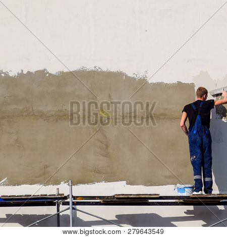 Plasterers Builders Plastered Wall In A Commercial Building. Wor