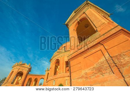 Bottom View Of Madonna Di San Luca Sanctuary And Basilica Church In A Sunny Day With Blue Sky. Cathe