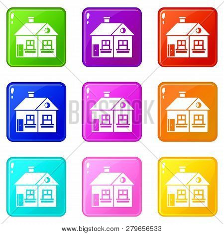 Large Single-storey House Icons Of 9 Color Set Isolated Illustration