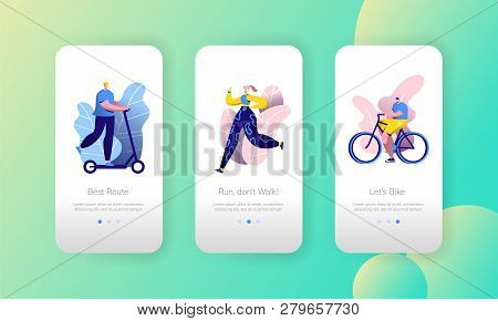 Urban Fitness Lifestyle Mobile App Onboard Screen Set. Man Ride Bicycle And Scooter, Woman Runner Ch