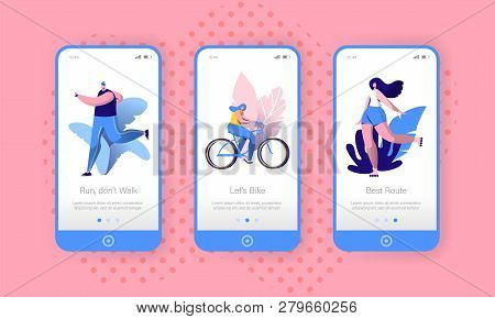 Active Urban Lifestyle Mobile App Onboard Screen Set. Man Runner Character, Woman Ride Bicycle, Girl