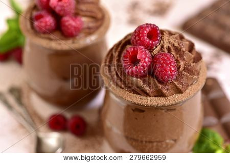 Homemade Chocolate Mousse With Fresh Raspberry.