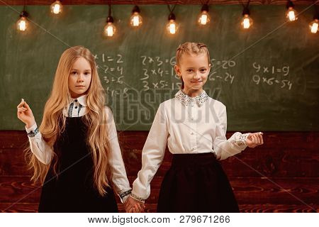 Collaboration. Collaboration Of Two Girls At School. Collaboration Is A Key To The Best Result. Coll