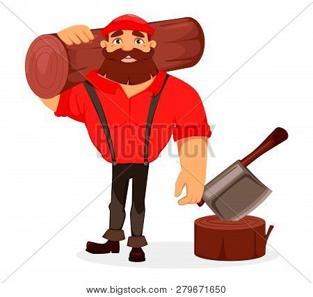 Lumberjack. Handsome Logger Holding Big Log. Cartoon Character. Vector Illustration On White Backgro