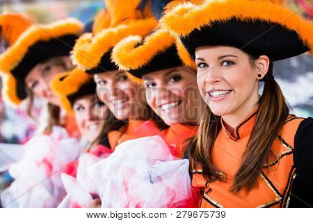 German traditional dance group Funkenmariechen in carnival celebration