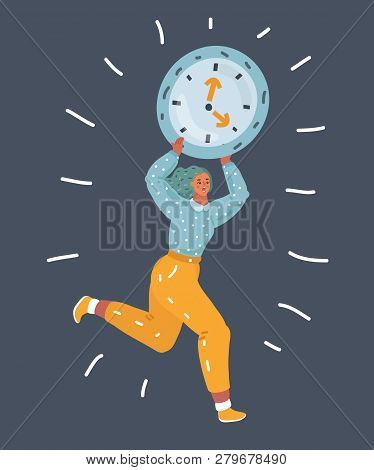 Vector Cartoon Illustration Of Woman In Trouble With Big Clock In Her Hands. Being Late Concept, Run