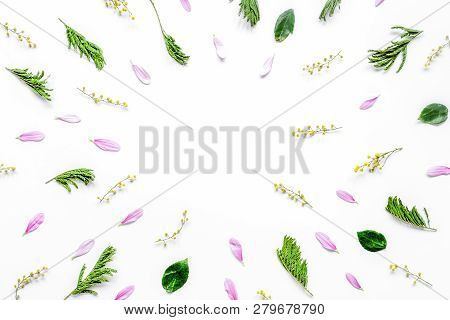Froral Pattern On White Table Background Top View Mockup