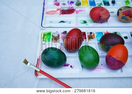 Colorful Easter Eggs Painting Activity With Color Tray Background, Fun Event For Kid Concept, Copy S