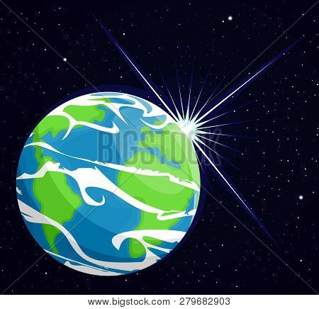 Image Of The Planet Earth. Rays Of The Sun Against The Planet Earth. Flat Style. Cartoon.