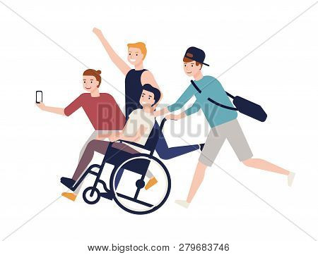 Group Of Crazy Happy Friends Running, Carrying Boy Sitting In Wheelchair And Making Selfie. Friendsh