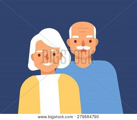 Portrait Of Cute Happy Elderly Couple. Smiling Old Man And Woman, Grandparents. Grandfather And Gran