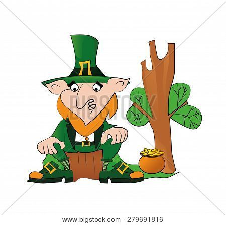 Vector Leprechaun On Stump With A Pot Of Gold Coins. Happy St. Patricks Day Celebration.