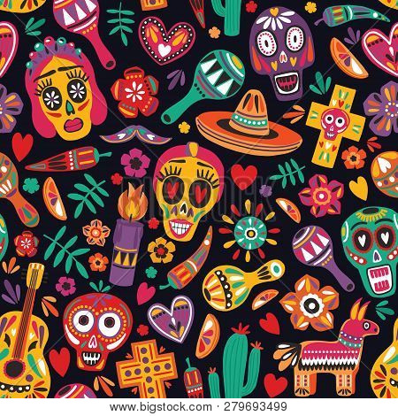 Motley Seamless Pattern With Traditional Mexican Dia De Los Muertos Decorations On Black Background.