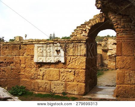 Carthage, Tunisia - April 12, 2018: Ruins Of Bathhouse Of Carthage And View To Mediterranean Sea, Tu