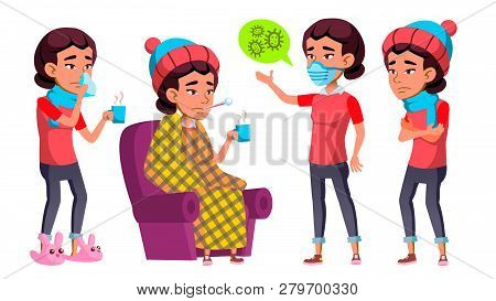 Asian Girl Set Vector. High School Child. Sick, Cough. Runy Nose. Health. Educational. For Cover, Pl