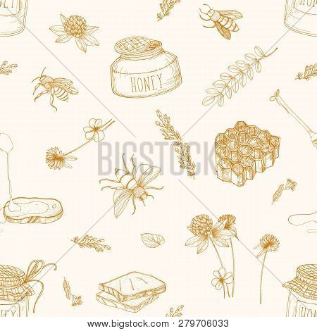 Monochrome Seamless Pattern With Honey, Bees, Dipper, Bread, Honeycomb, Clover, Linden And Acacia Pl