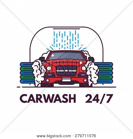 Carwash Line Style Banner. Front View Of Luxury Car On Carwash. Clean Service Banner. Automobile On 