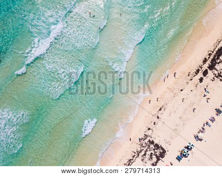 Aerial straight down view of beach on Cozumel, Mexico.