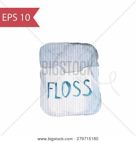 Simple Watercolor Drawing Of Dental Floss. Vector Illustration Of Blue Dental Floss Container  Isola