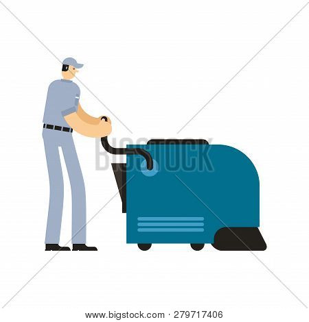 Cleaner With Industrial Vacuum Cleaner. Service Worker Man. Cleaner Man. Swabber