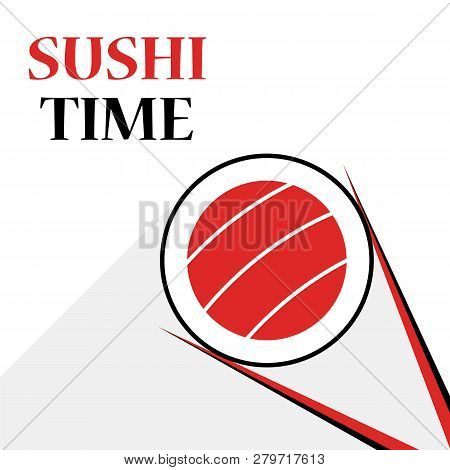 Sushi time logo vector isolated. Salmon and rice. Cuisine with seafood. Emblem for menu of japan restaurant.