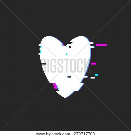 White Heart Shape With Glitch Effect On Black Background. Vector Distorted Broken Heart.