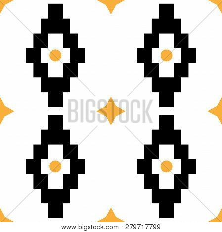 Vector Seamless Tribal Pattern. Black Rhombus And Orange Stars On White Sbackground.