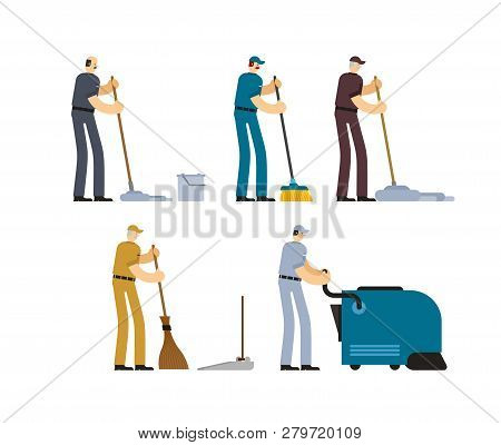 Janitor And Cleaner Set. Broom And Industrial Vacuum Cleaner. Sweeping Brush And Bucket. Service Wor