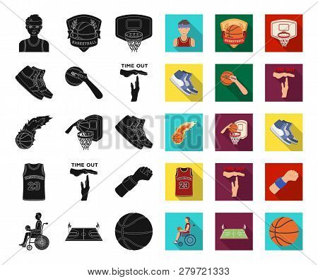 Basketball And Attributes Black, Flat Icons In Set Collection For Design.basketball Player And Equip