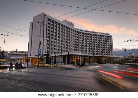 Athens, Greece - October 29, 2018: Traffic At Hilton Hotel In Evangelismos, Central Athens.