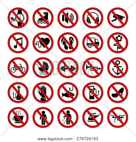 Set Of Red Prohibition Icons. Forbidden Signs. Vector Illustration.