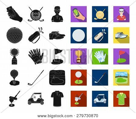 Golf And Attributes Black, Flat Icons In Set Collection For Design.golf Club And Equipment Vector Sy