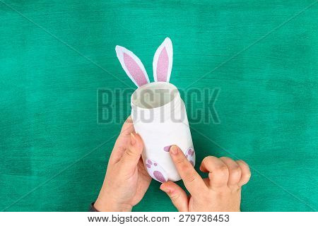 Diy Easter Vase Bunny From Glass Jar, Felt, Googly Eyes On A Green Background. Gift Ideas, Decor For
