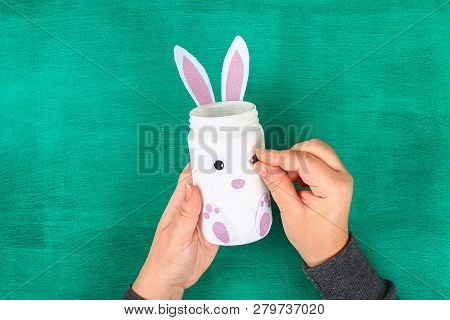 Diy Easter Vase Bunny From Glass Jar, Felt, Googly Eyes On A Green Background. Gift Ideas, Decor For