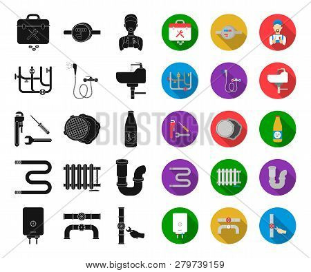Plumbing, Fitting Black, Flat Icons In Set Collection For Design. Equipment And Tools Vector Symbol 