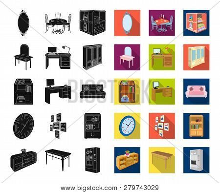 Furniture And Interior Black, Flat Icons In Set Collection For Design. Home Furnishings Vector Isome