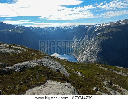 Popular Tourist Attraction Near Trolltunga In Sunny Weather. View From The Trolltunga Trail. Mountai