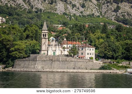 Dobrota, Montenegro, August 06, 2014:  A View Of The City Of Dobrota With The Church Of Saint Matthe