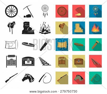 Attributes Of The Wild West Black, Flat Icons In Set Collection For Design.texas And America Vector 