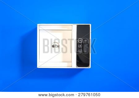 Rostov-on-don, Russia - December 20, 2018: Apple Tv With Remote Control In Box