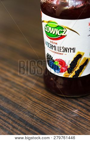 Poznan, Poland - November 20, 2018: Polish Lowicz Forest Fruit Jam In A Glass Jar.