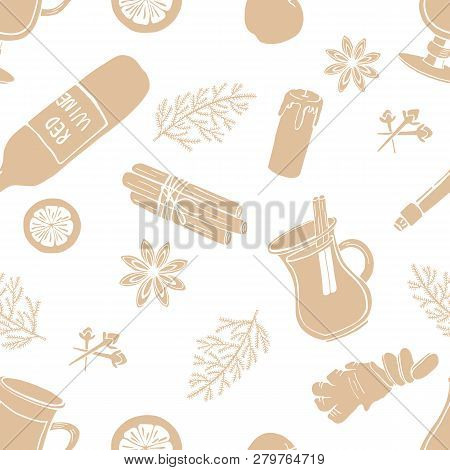 Light Monochromatic Seamless Vector Pattern Of Mulled Wine Ingredients
