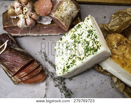 Chunks Of Salted Bacon Jerky Healthy Food With Pranami Spices And Herbs. Fat, Lard, Ham,