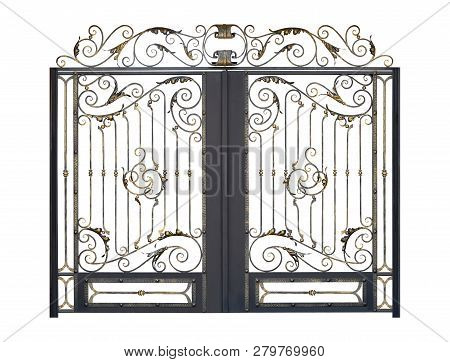 Forged Openwork Arched Gate With Decor.  Isolated Over White Background.