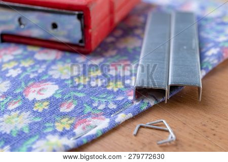 Tacker And Staples Used To Upholster Furniture. Accessories For Employees In The Carpentry Shop.