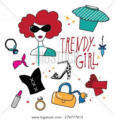 Illustration On The Theme Of Fashion, Fashion Girl With Accessories. Vector Illustration