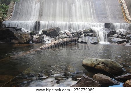 Water Over The Dam At Montreat, Nc In The Apalachian Mountains.