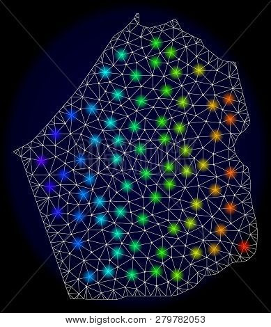 Mesh Vector Map Of Dubai Emirate With Glare Effect On A Dark Background. Light Spots Have Bright Rai