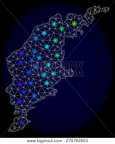 Mesh Vector Map Of Gotland Island With Glare Effect On A Dark Background. Light Spots Have Bright Sp